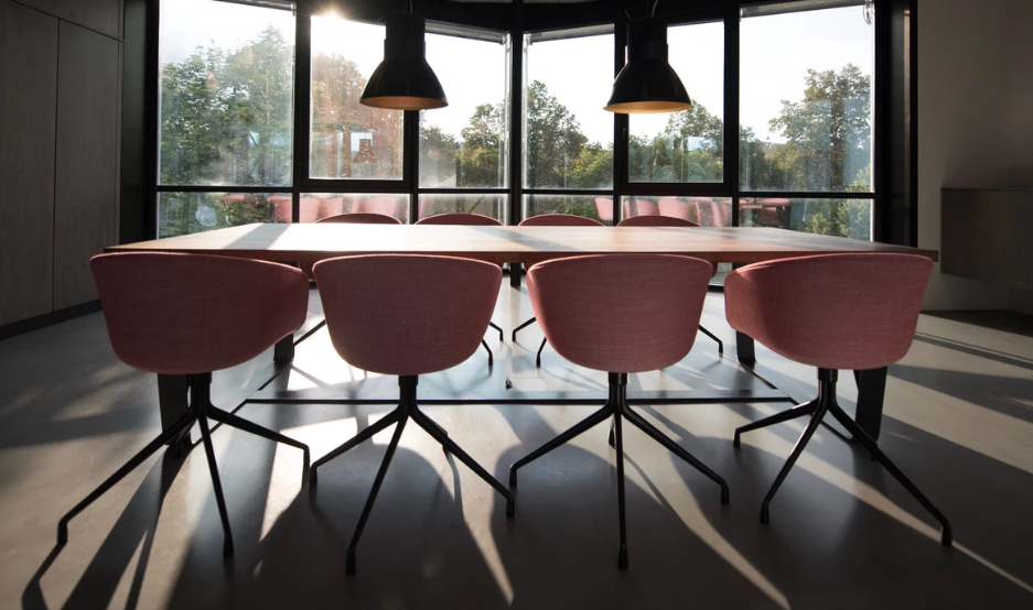 Meeting room with red chairs