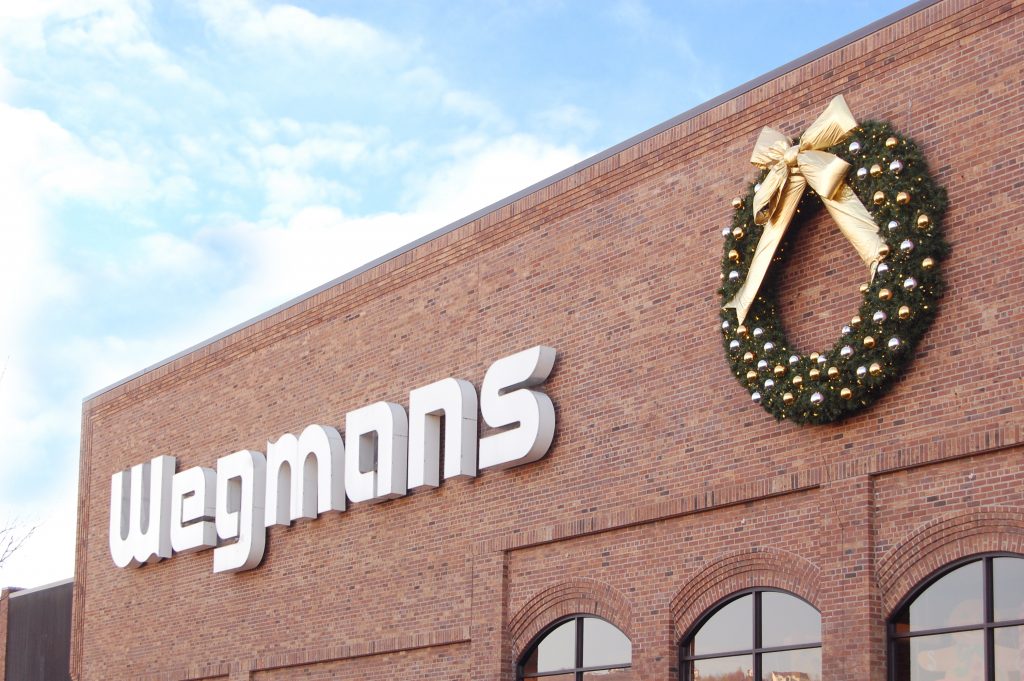 Christmas wreath on store wall outdoor